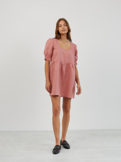 FIONA Square Neck Babydoll Linen Mini Dress