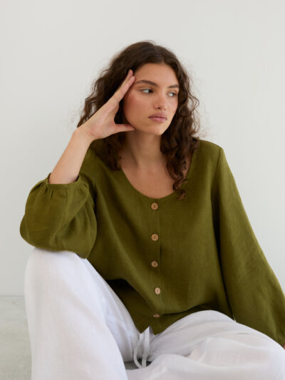Linen Balloon Sleeve Button Up Blouse DAISY
