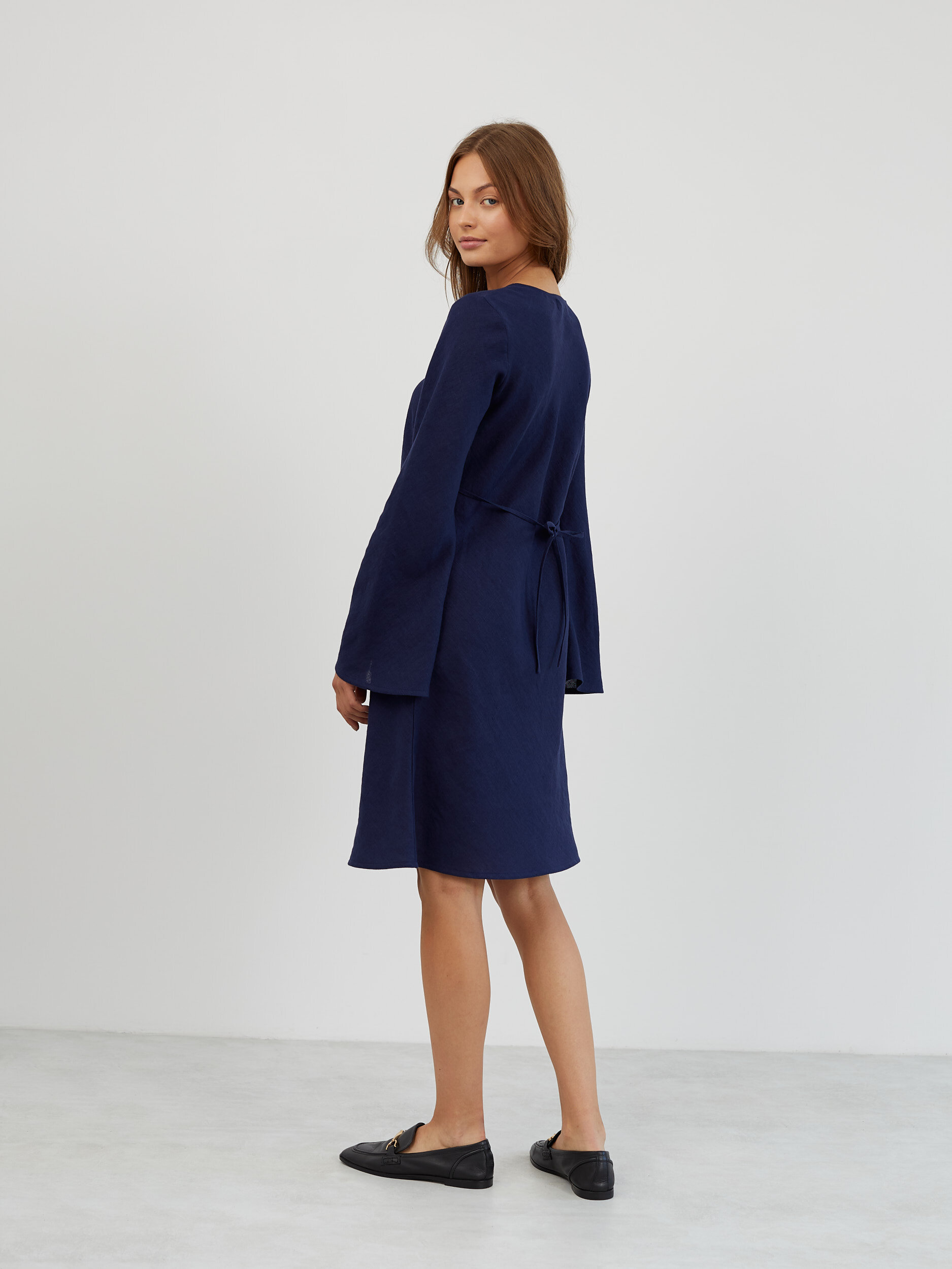 Image 6 of Bell Sleeve Short Linen Dress in Navy Blue LORELEI from Love and Confuse | Handmade Linen Clothing for Women
