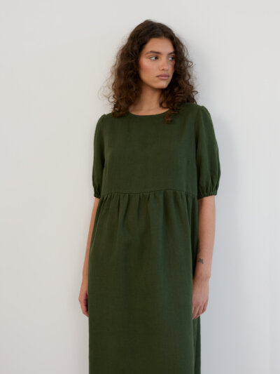 Linen Puff Sleeve Empire Waist Midi Dress ESME