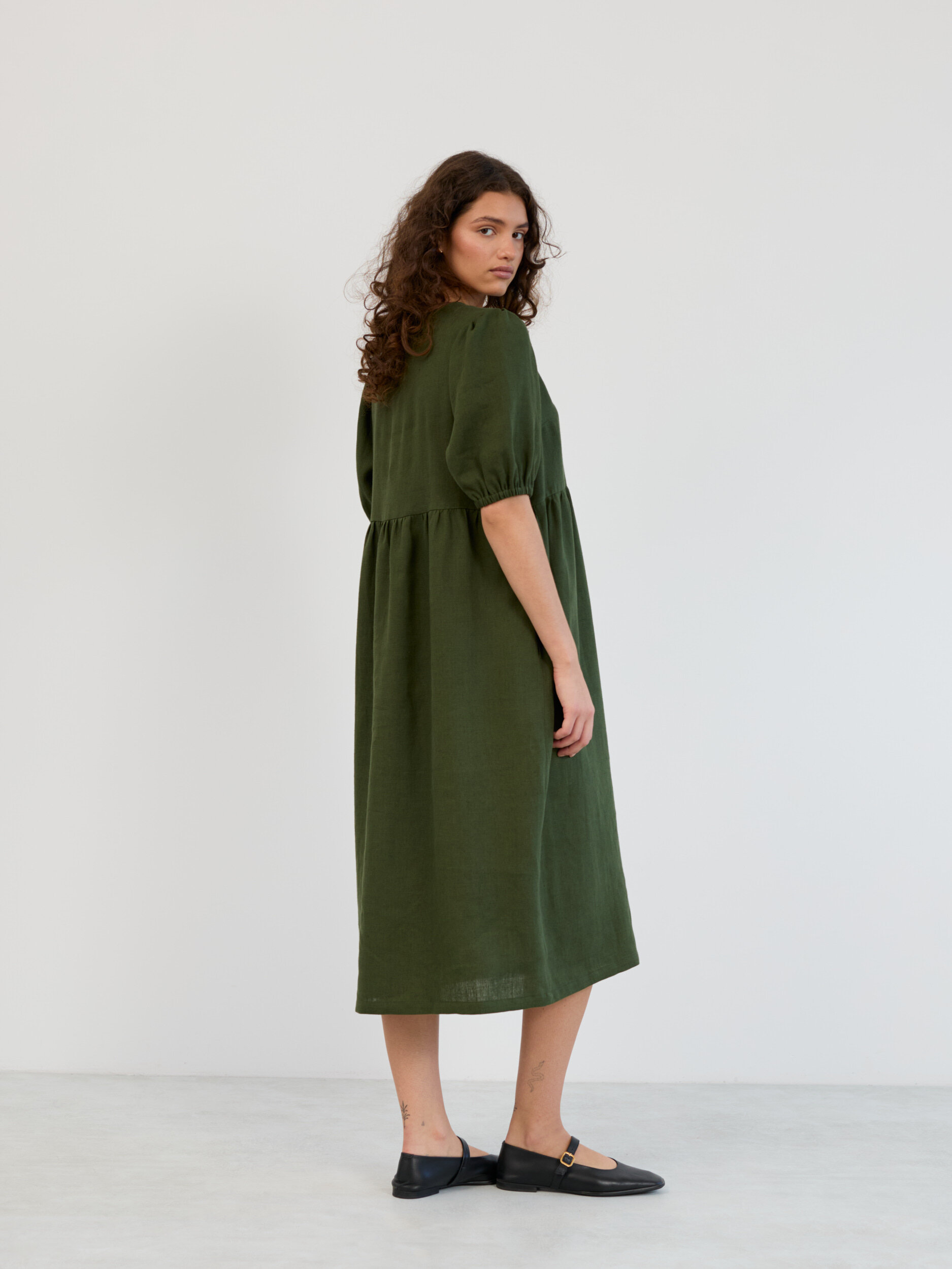 Image 4 of Linen Puff Sleeve Empire Waist Midi Dress in Forest Green ESME from Love and Confuse | Handmade Linen Clothing for Women