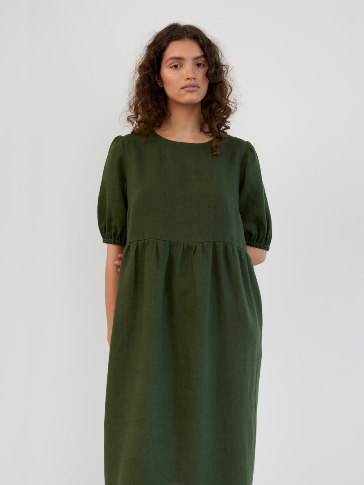 Image 5 of Linen Puff Sleeve Empire Waist Midi Dress in Forest Green ESME from Love and Confuse | Handmade Linen Clothing for Women