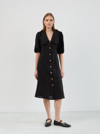 AUBREY Ruffled Collar Linen Midi Dress
