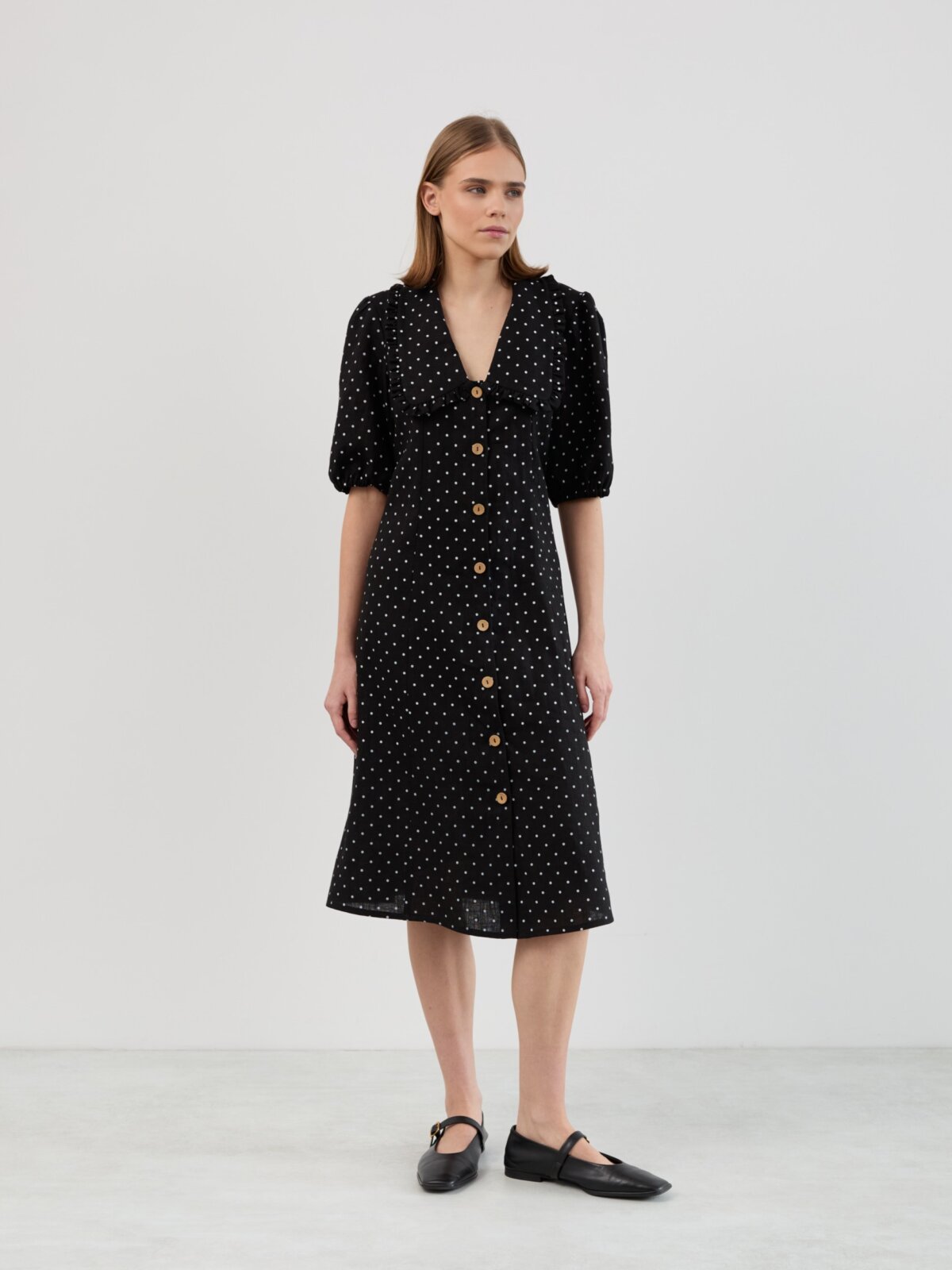 Image 4 of AUBREY Linen Midi Dress with Ruffled Collar, Puff Sleeves and Button Front in Black Polka Dot