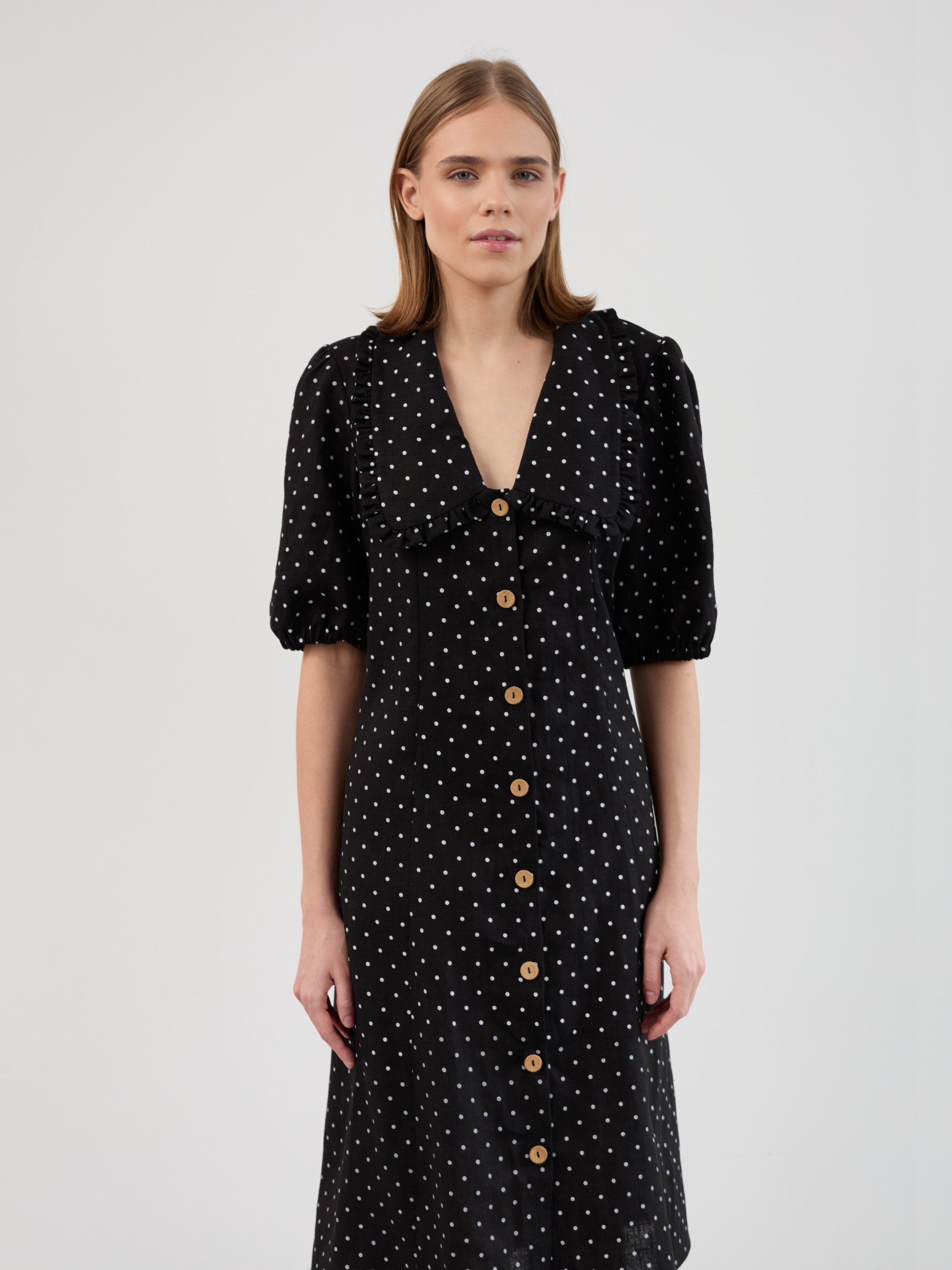 Image 5 of AUBREY Linen Midi Dress with Ruffled Collar, Puff Sleeves and Button Front in Black Polka Dot