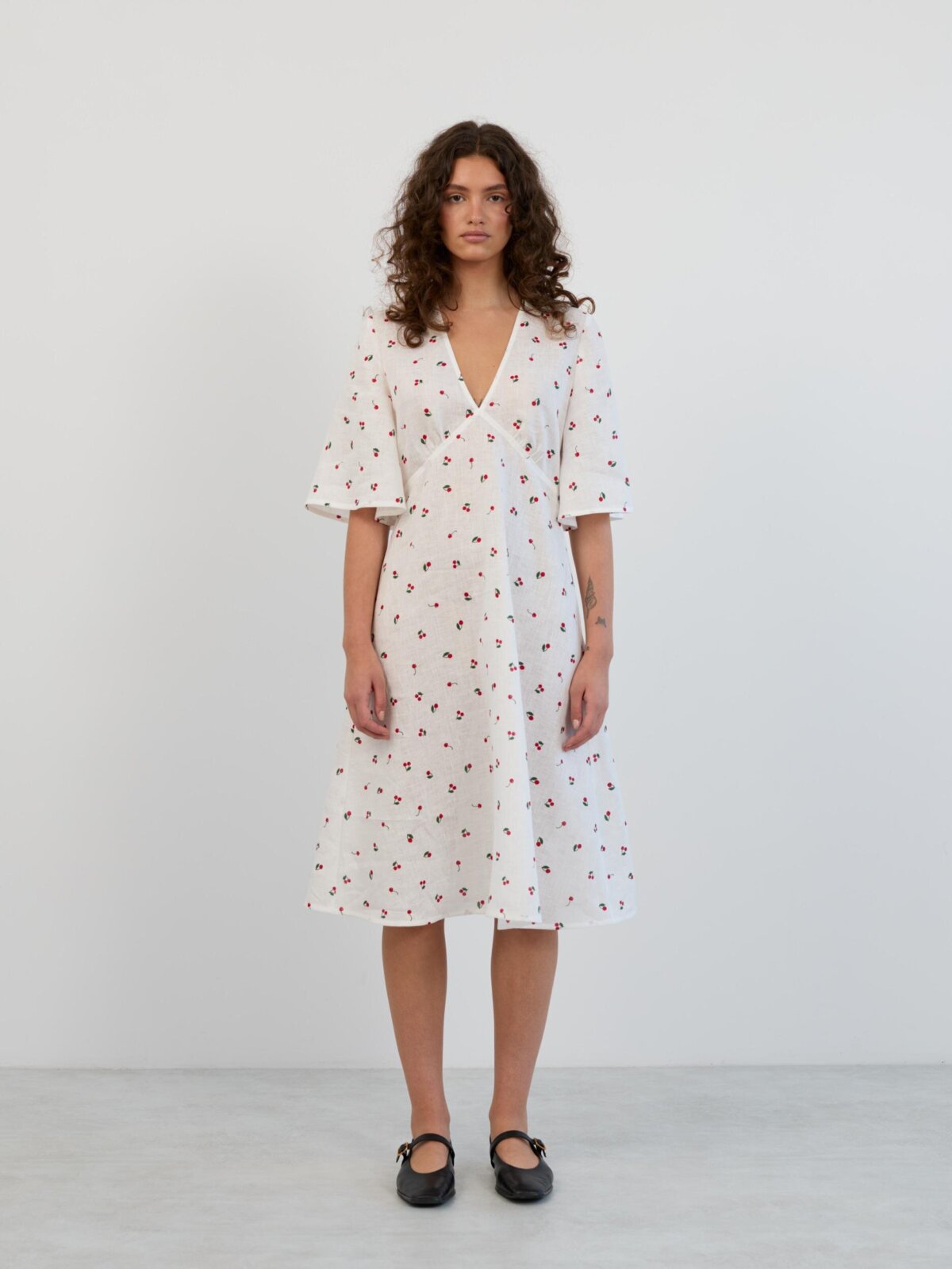 Image 2 of Linen Midi Dress with Short Bell Sleeves in Cherry Print VIVIEN from Love and Confuse | Handmade Linen Clothing for Women