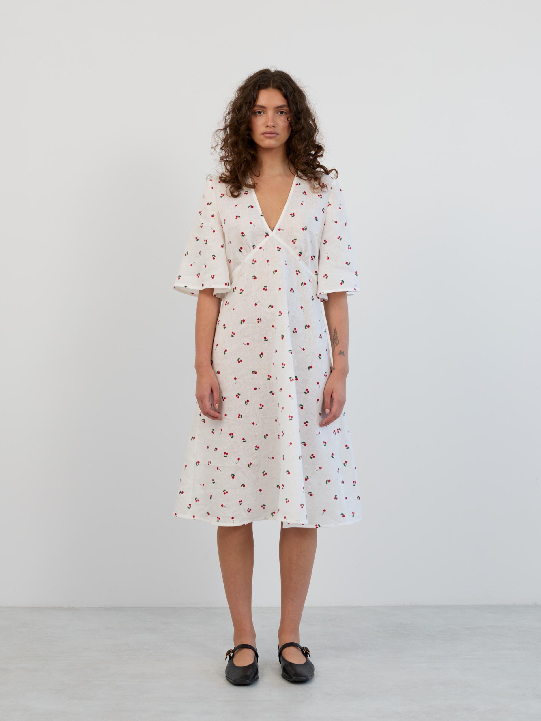 Image 2 of Linen Midi Dress with Short Bell Sleeves in Cherry Print VIVIEN from Love and Confuse | Handmade Linen Clothing for Women