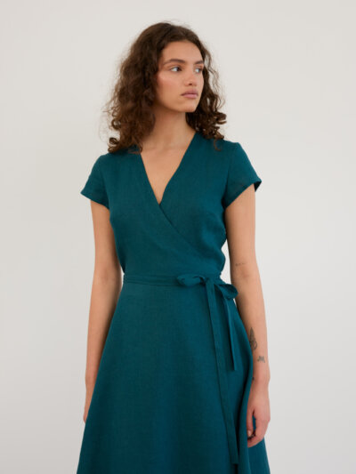 Linen Short Sleeve Wrap Midi Dress AYLA