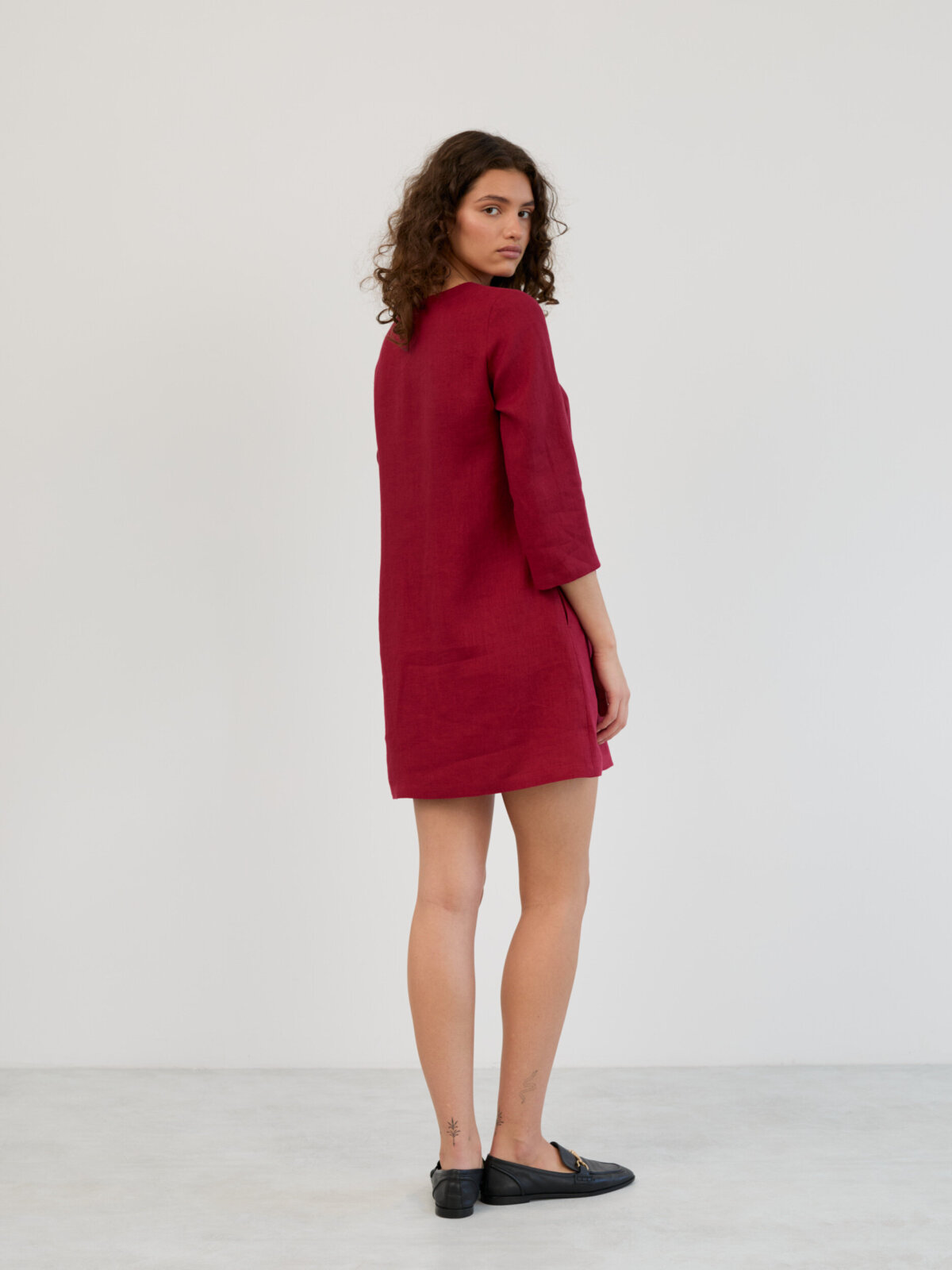 Image 5 of Linen 3/4 Sleeve Mini Dress in Cherry Red MABEL from Love and Confuse | Handmade Linen Clothing for Women