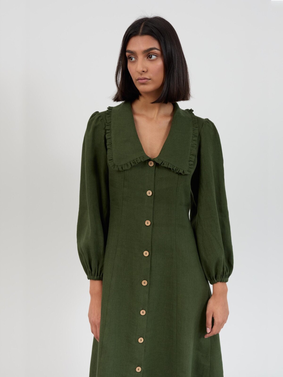 Back view of the Aubrey long sleeve linen midi dress in forest green