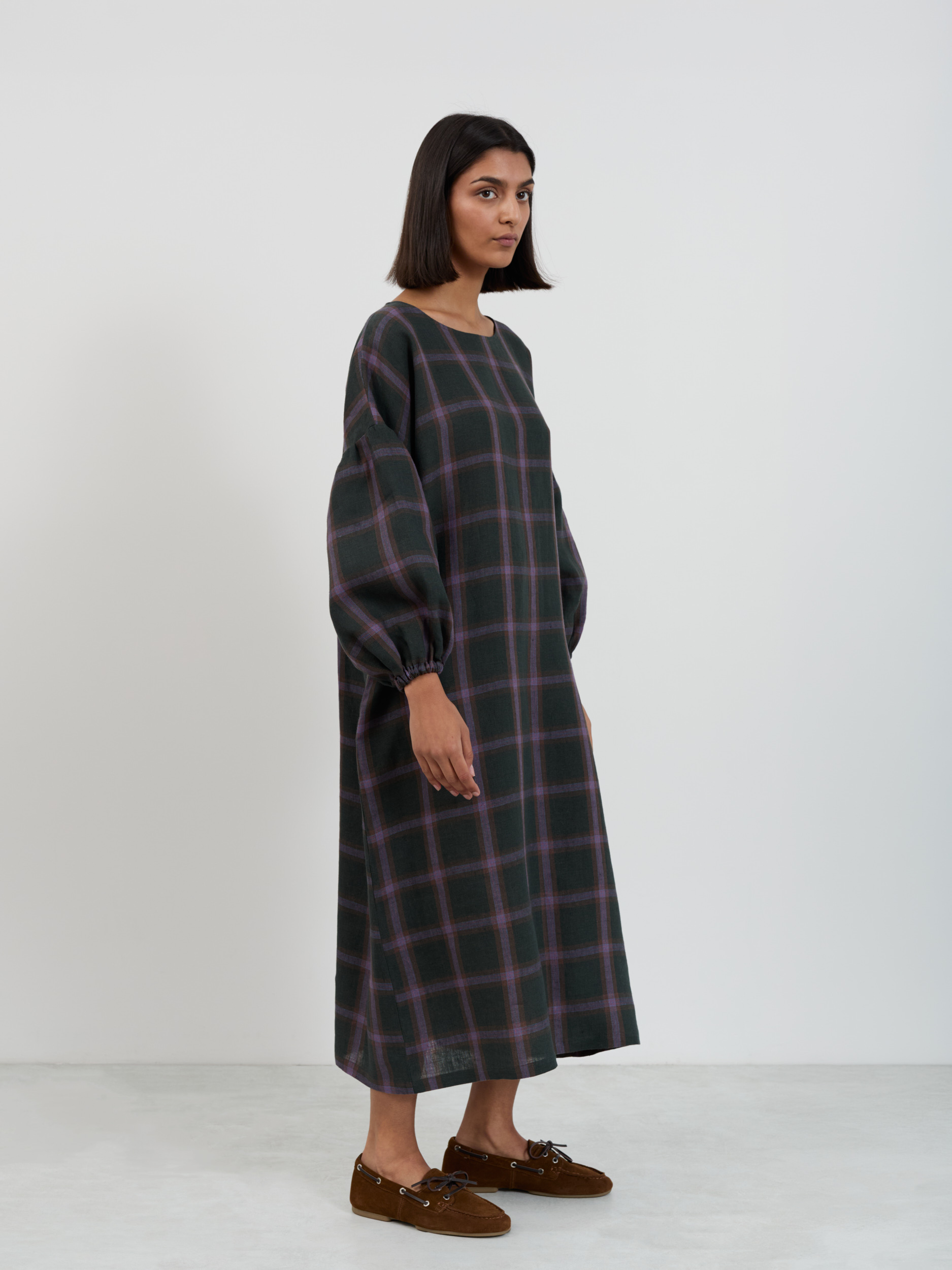 BRIAR plaid linen midi dress in Purple Plaid, full-length three-quarter view