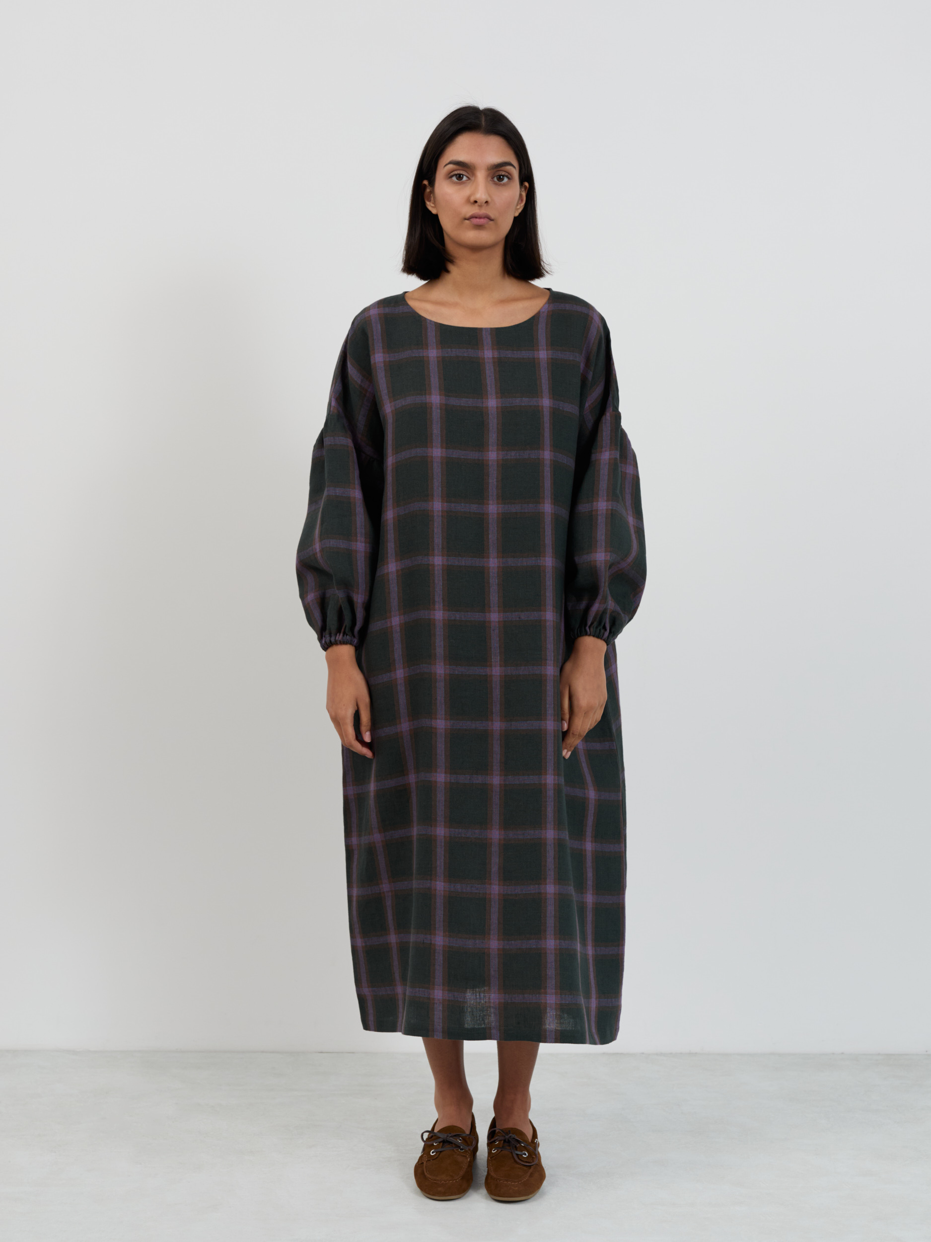 BRIAR Purple Plaid linen midi dress, full-length front view