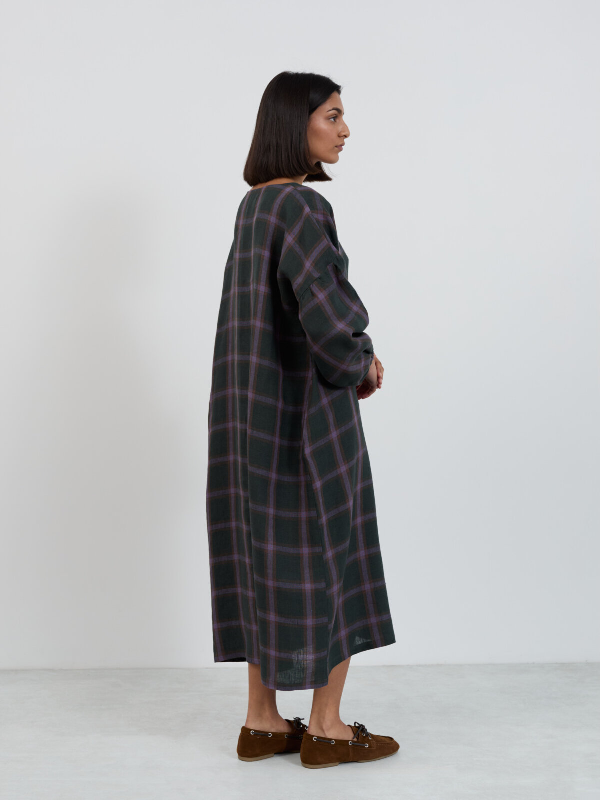 BRIAR Purple Plaid linen midi dress, full-length side and back view