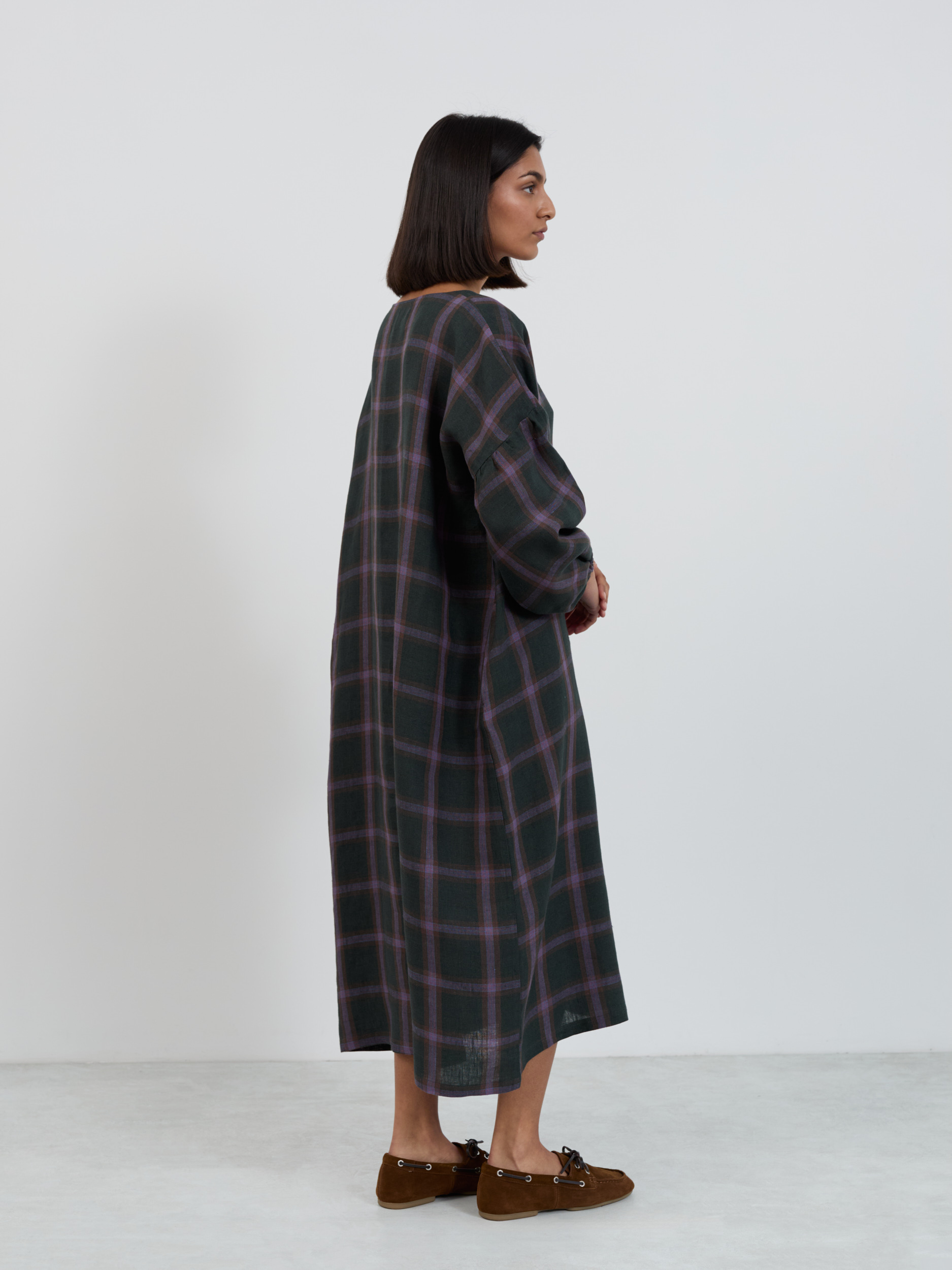 BRIAR Purple Plaid linen midi dress, full-length side and back view