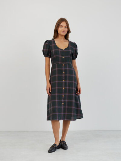 Puff Sleeve Linen Midi Dress AURELIA