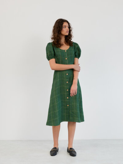 Linen Puff Sleeve Midi Dress AURELIA