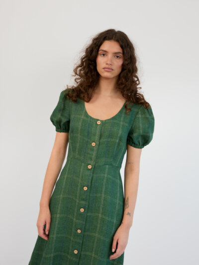 AURELIA Puff Sleeve Button-Front Linen Midi Dress