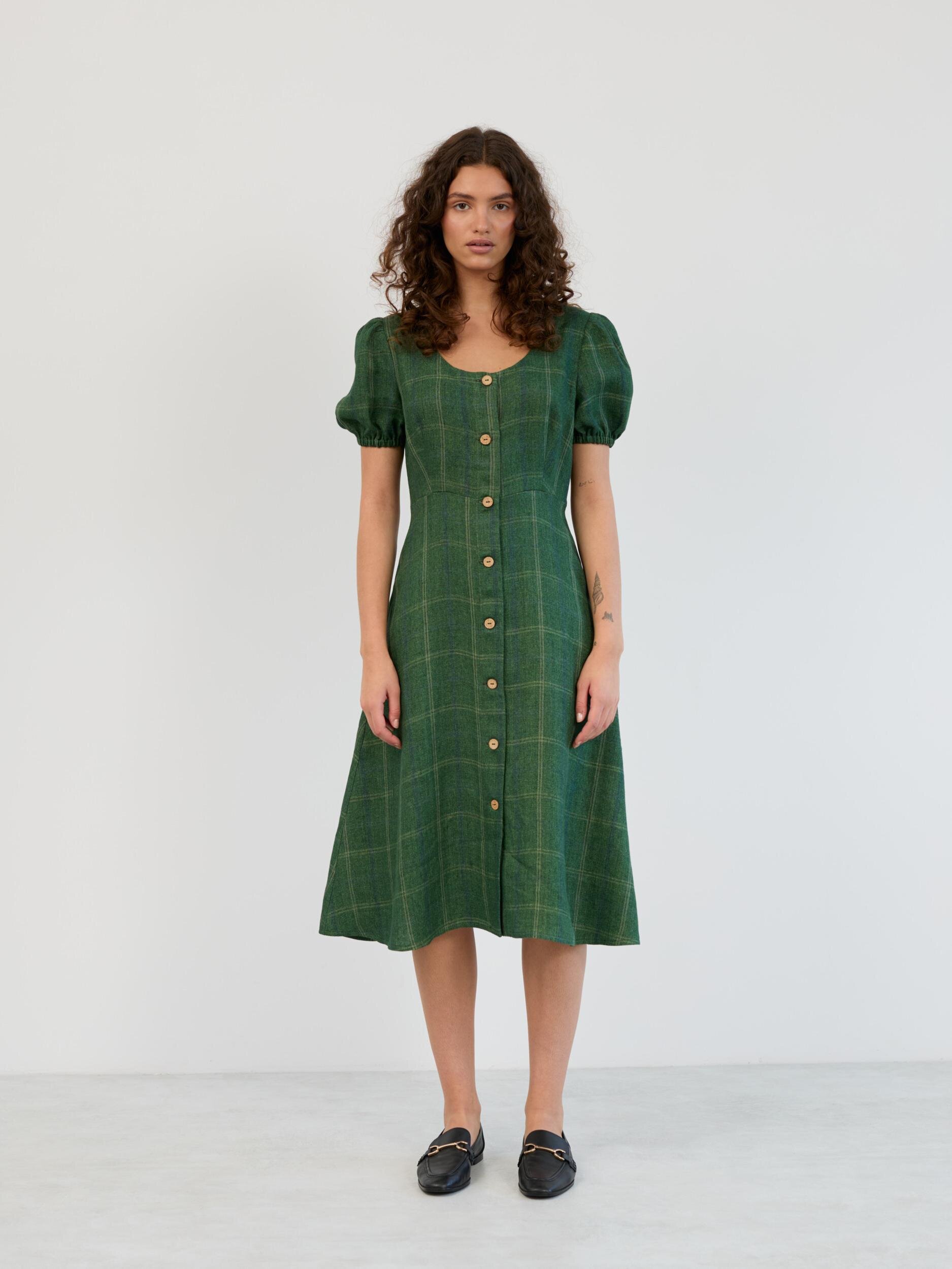 Image 3 of Linen Puff Sleeve Midi Dress in Green Plaid AURELIA from Love and Confuse | Handmade Linen Clothing for Women