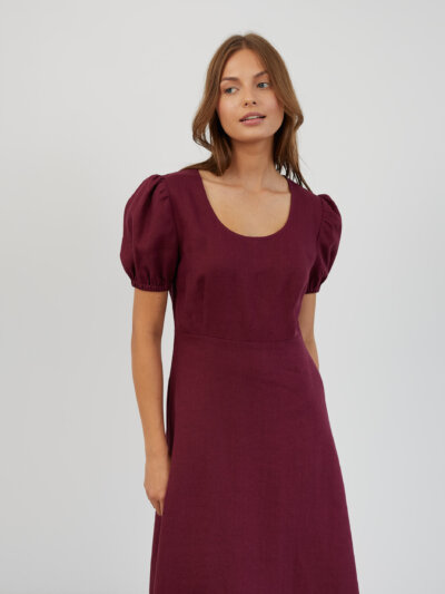 CAROLINA Scoop Neck Puff Sleeve Linen Midi Dress