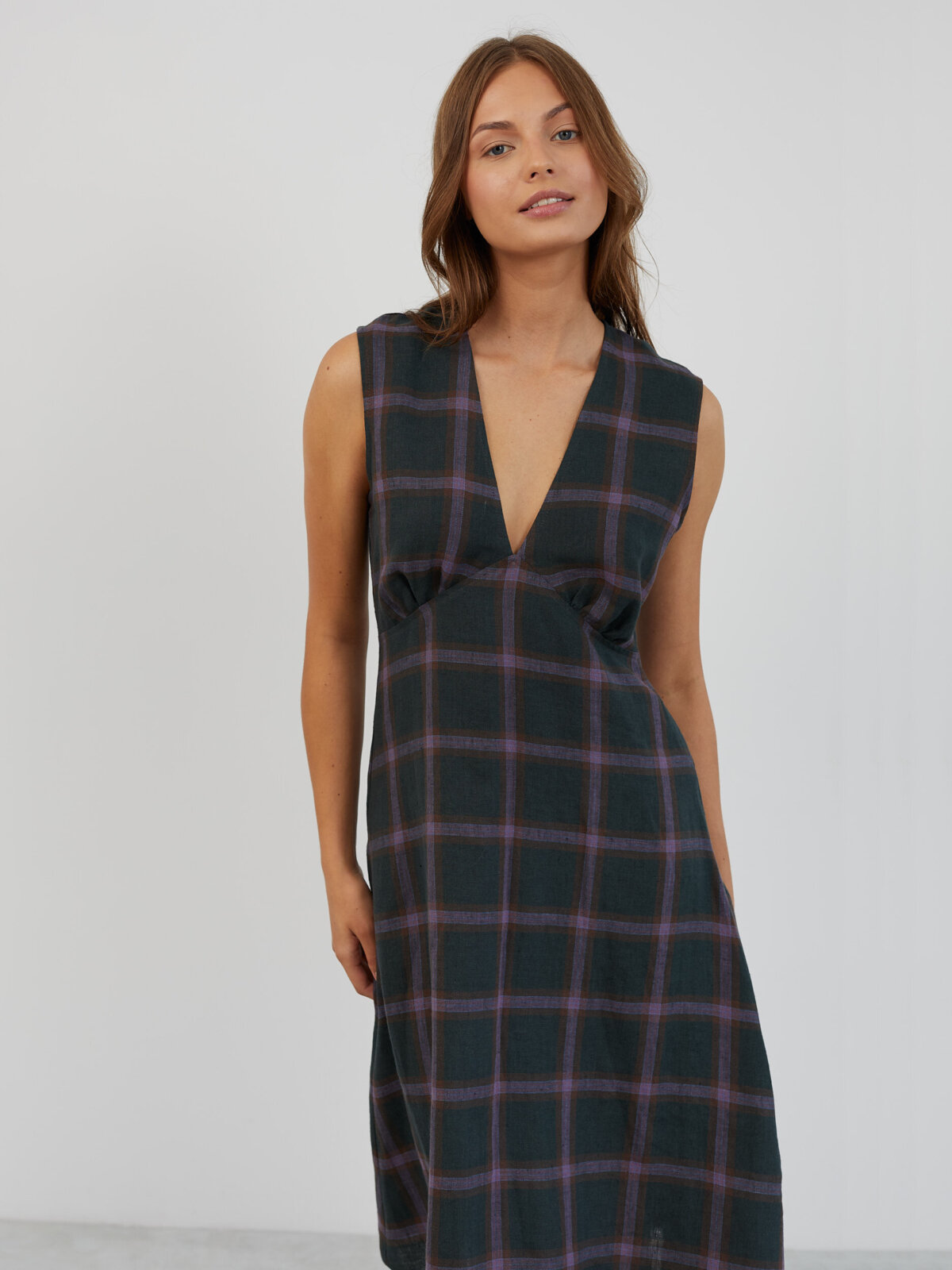 Image 2 of Sleeveless Linen Midi Dress in Plaid Purple LAURA from Love and Confuse | Handmade Linen Clothing for Women