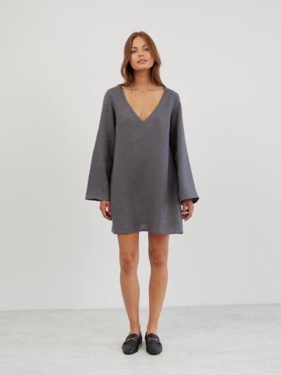 UMA V-Neck Bell Sleeve Linen Mini Dress