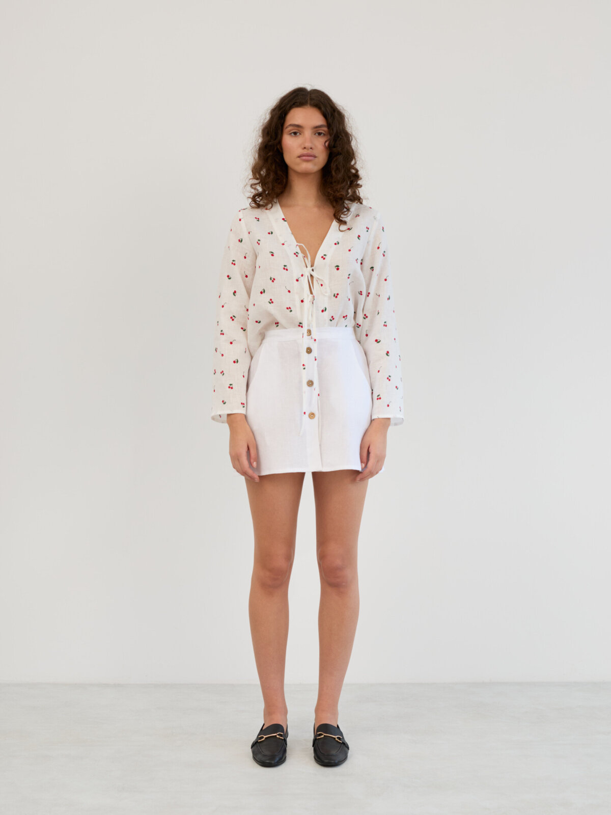 Image 2 of Linen Button Front Mini Skirt in White AMINA from Love and Confuse | Handmade Linen Clothing for Women