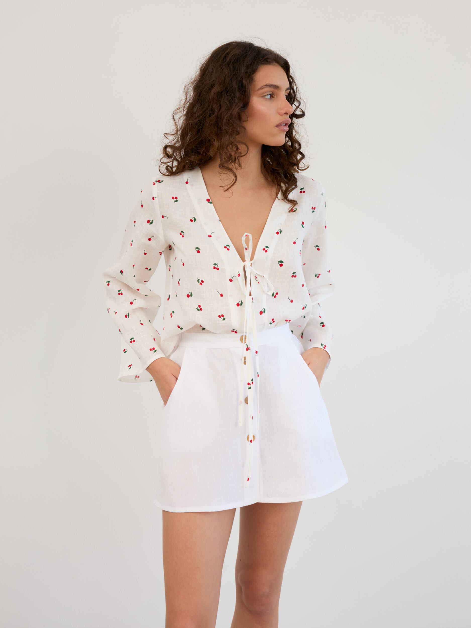 Image 5 of Linen Button Front Mini Skirt in White AMINA from Love and Confuse | Handmade Linen Clothing for Women