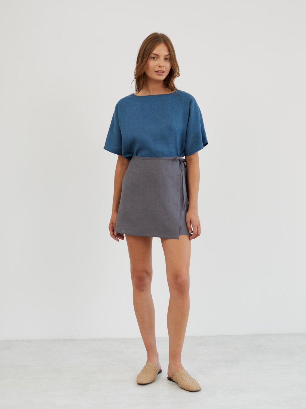 Image 2 of Linen Wrap Mini Skirt in Light Grey ANNALISE from Love and Confuse | Handmade Linen Clothing for Women