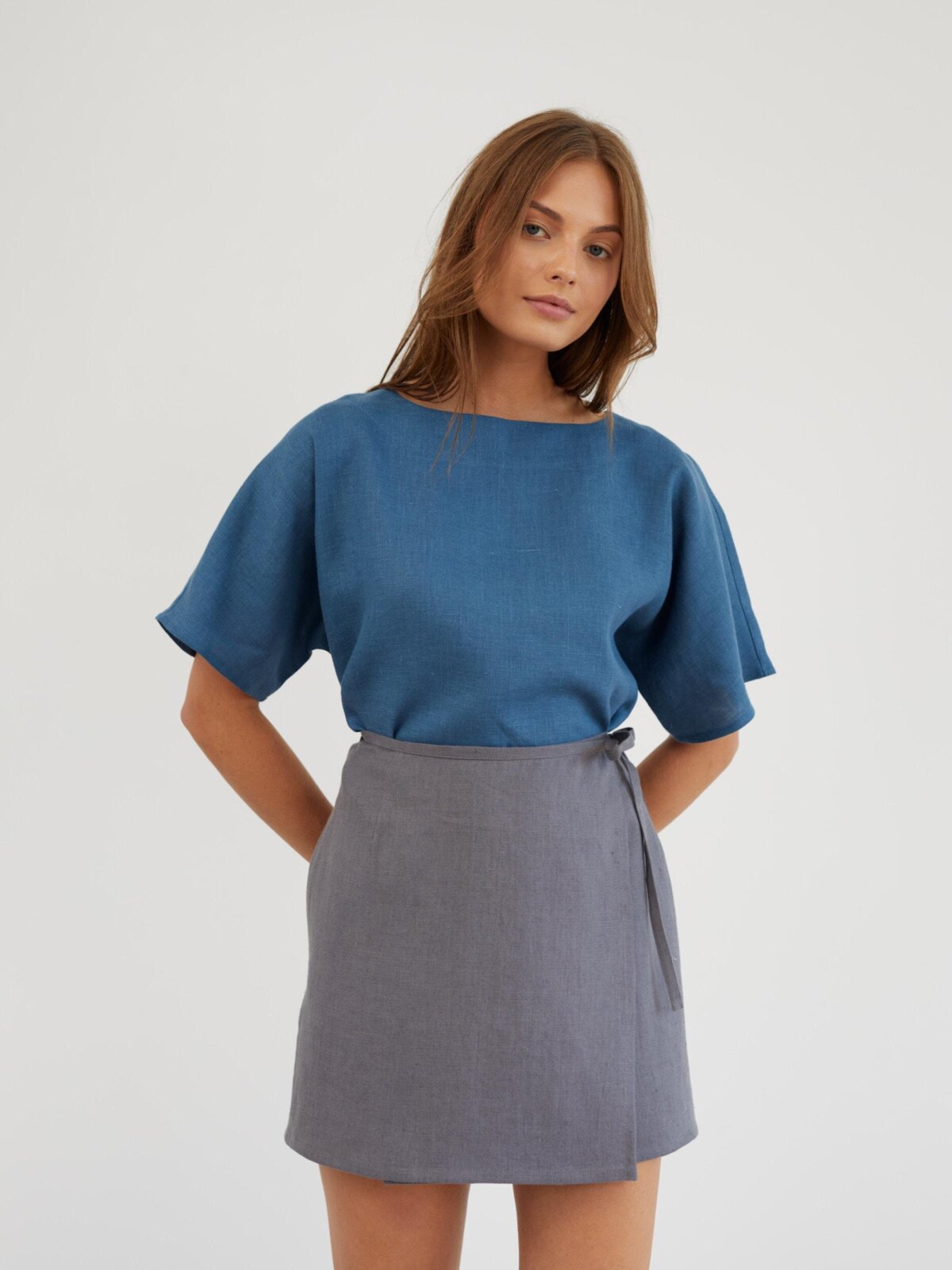 Image 3 of Linen Wrap Mini Skirt in Light Grey ANNALISE from Love and Confuse | Handmade Linen Clothing for Women