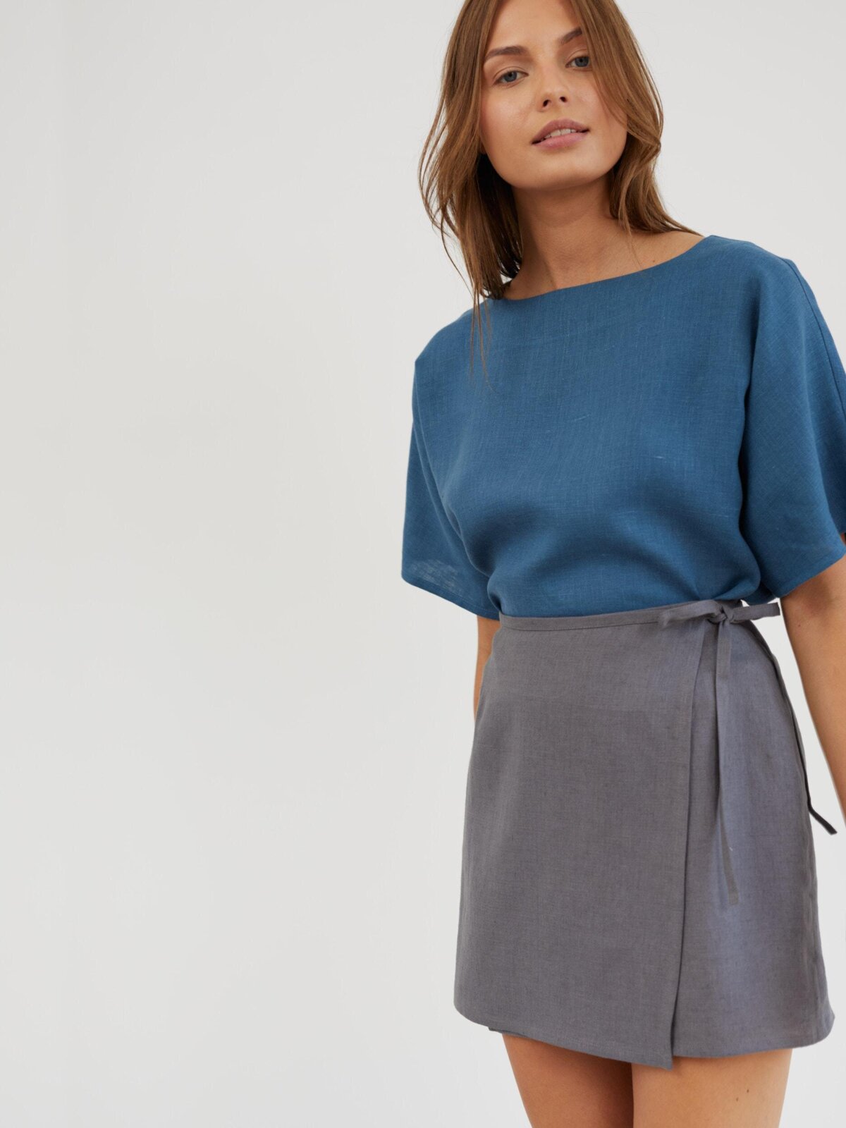 Image 4 of Linen Wrap Mini Skirt in Light Grey ANNALISE from Love and Confuse | Handmade Linen Clothing for Women