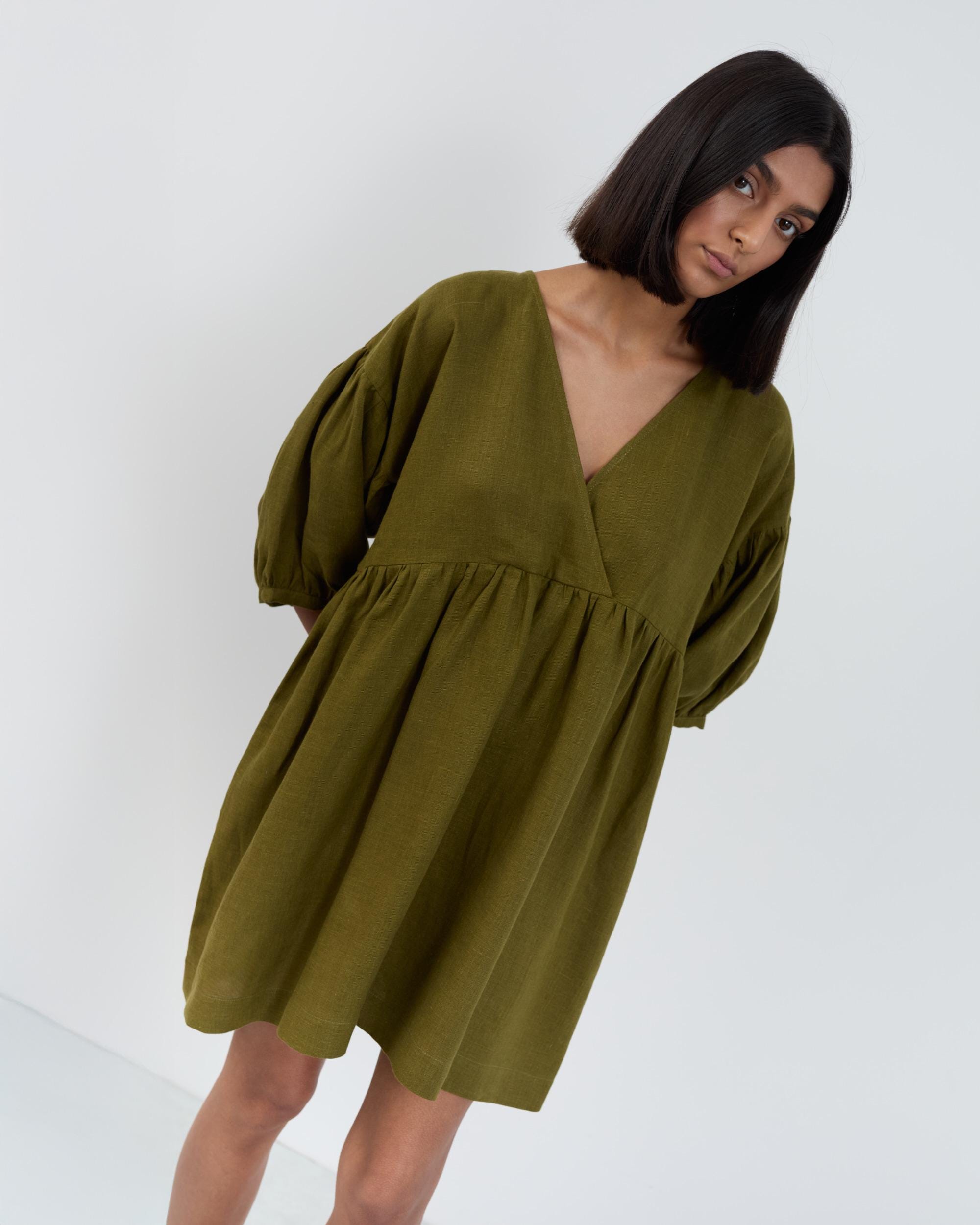 Image 3 of Linen Mini Wrap Dress Jane in Moss Green