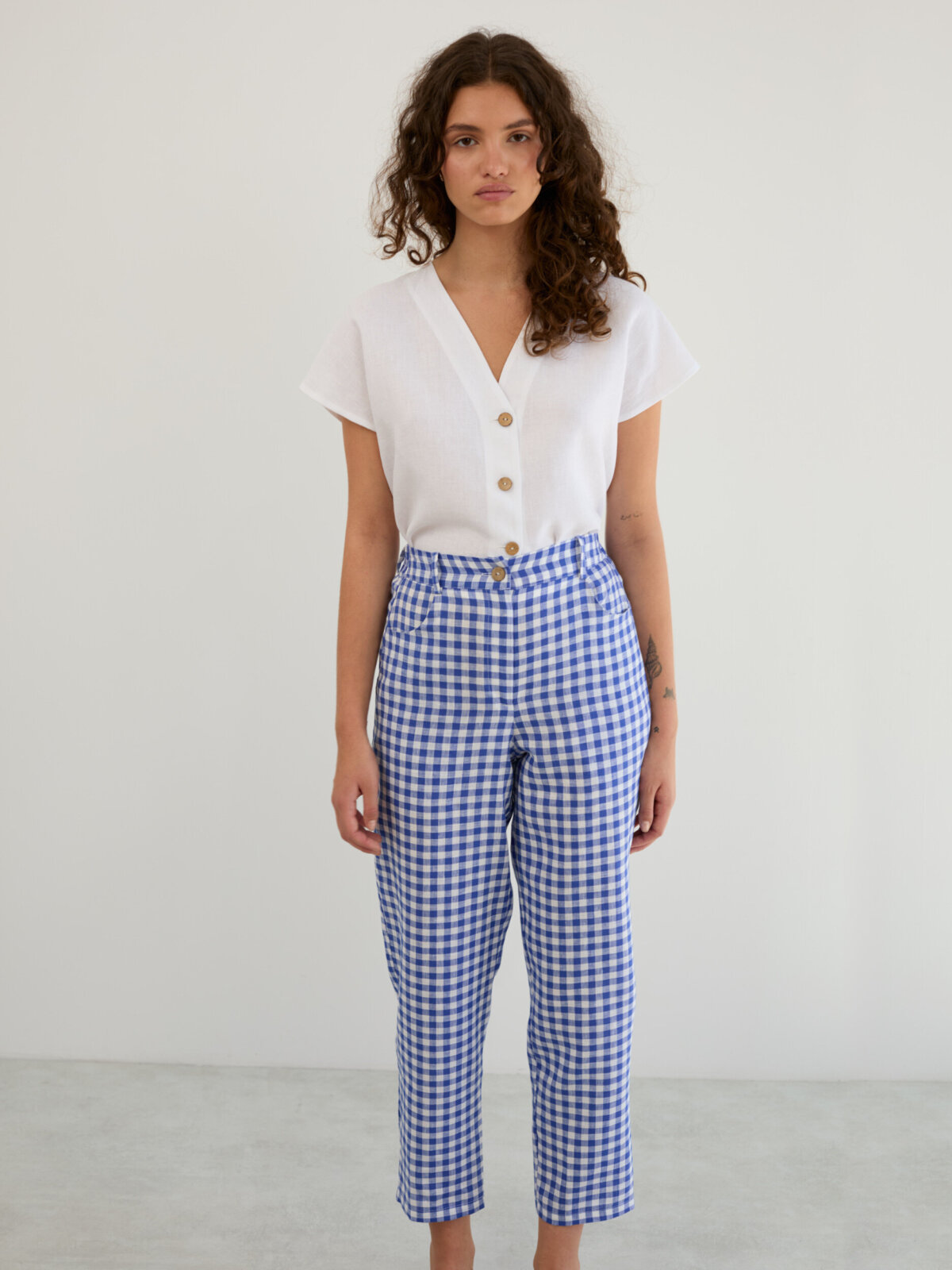 Image 3 of Linen High-Waisted Tapered Leg Pants in Gingham Blue SARAH from Love and Confuse | Handmade Linen Clothing for Women