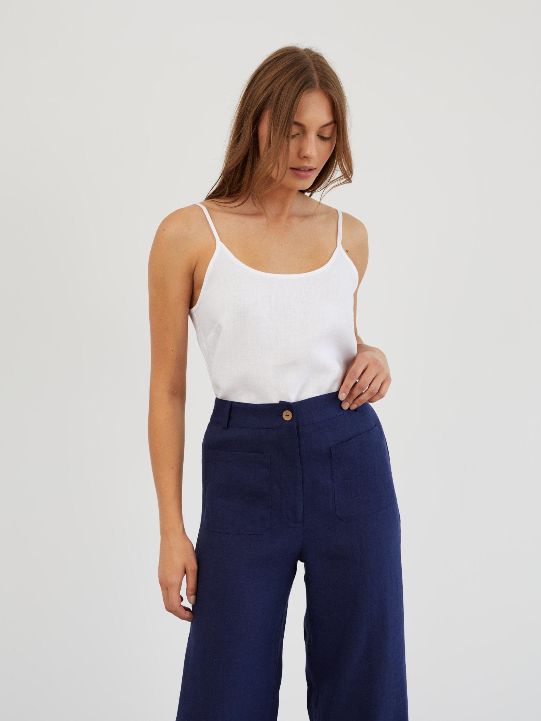 Image 3 of Tailored Straight Leg Linen Pants in Navy Blue JOEL from Love and Confuse | Handmade Linen Clothing for Women