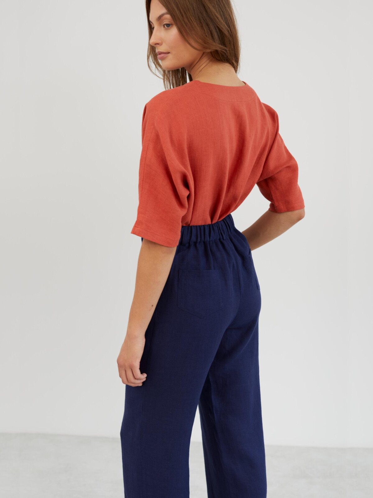 Image 5 of Tailored Straight Leg Linen Pants in Navy Blue JOEL from Love and Confuse | Handmade Linen Clothing for Women