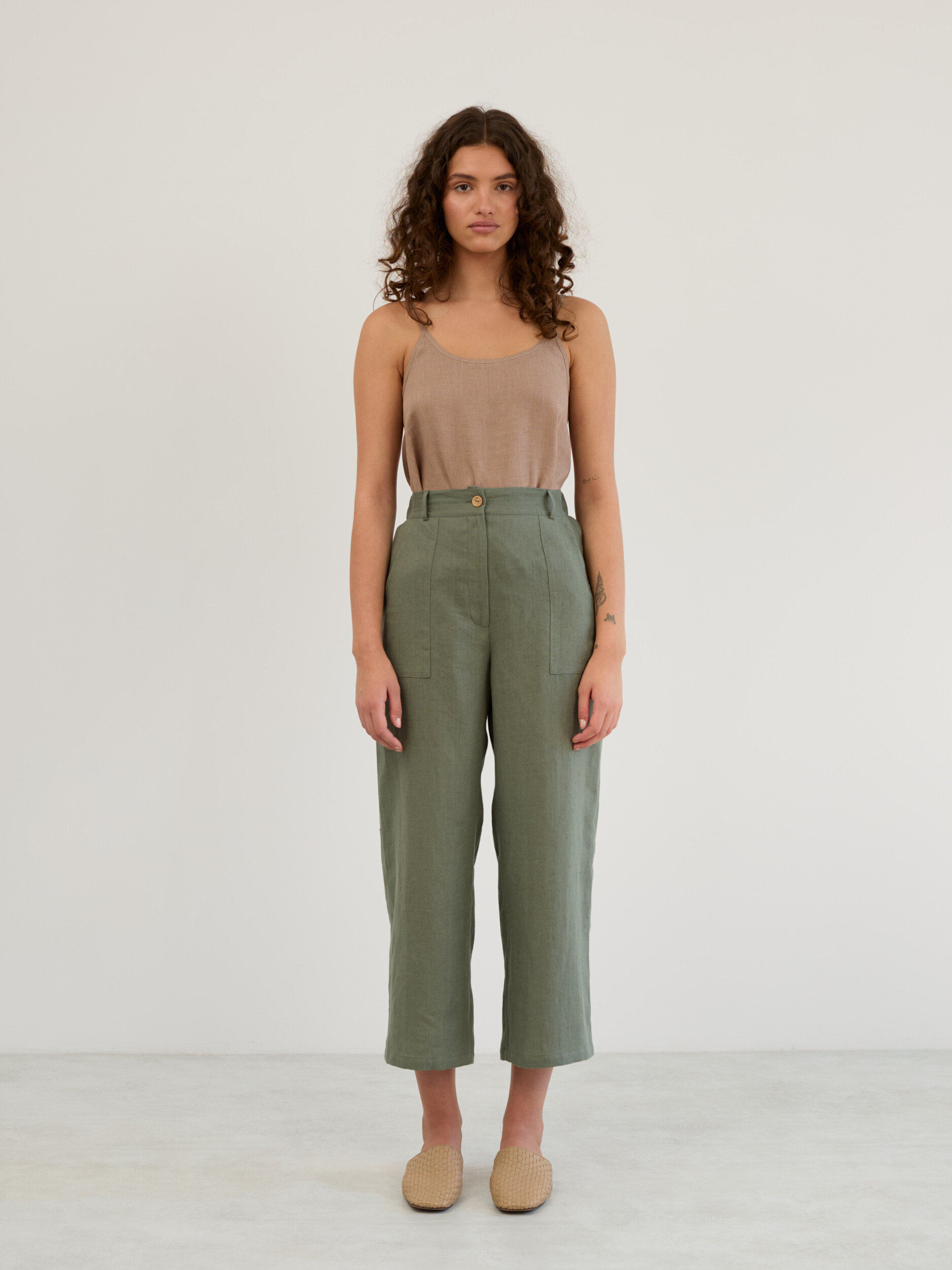 Image 2 of Linen Wide Leg Cropped Pants in Sage Green OCEAN from Love and Confuse | Handmade Linen Clothing for Women
