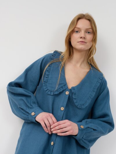 MELODY Linen Shirt Dress with Ruffled Collar and Long Sleeves
