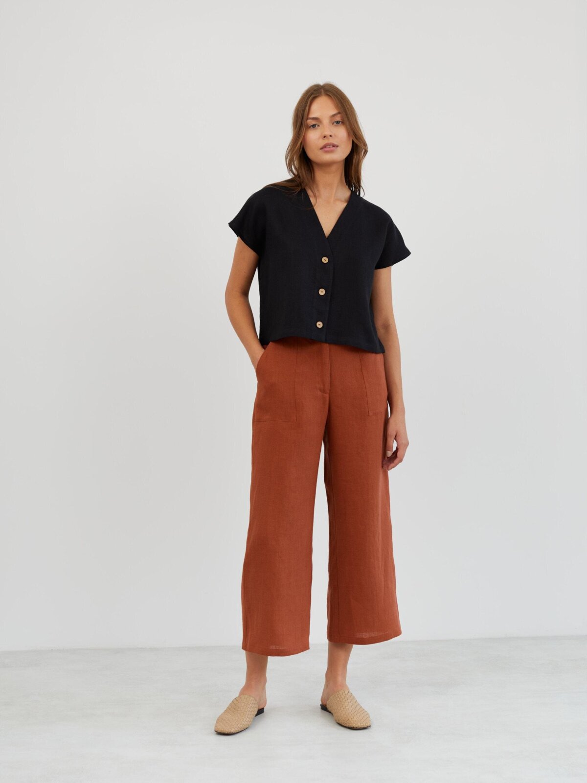 Image 3 of Cropped Linen Button Down Shirt in Black LYLA from Love and Confuse | Handmade Linen Clothing for Women