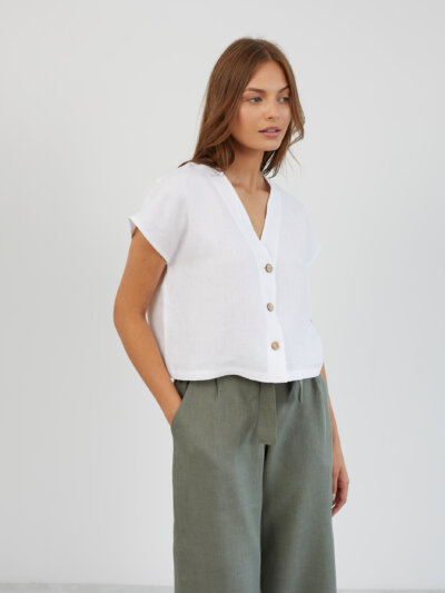 LYLA Cropped Button Front Linen Top