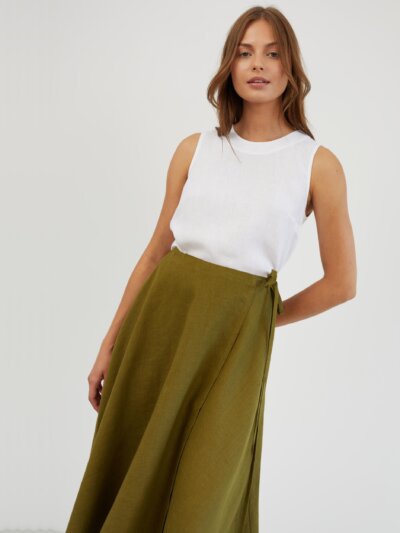 KENZIE Bias-Cut Linen Midi Wrap Skirt