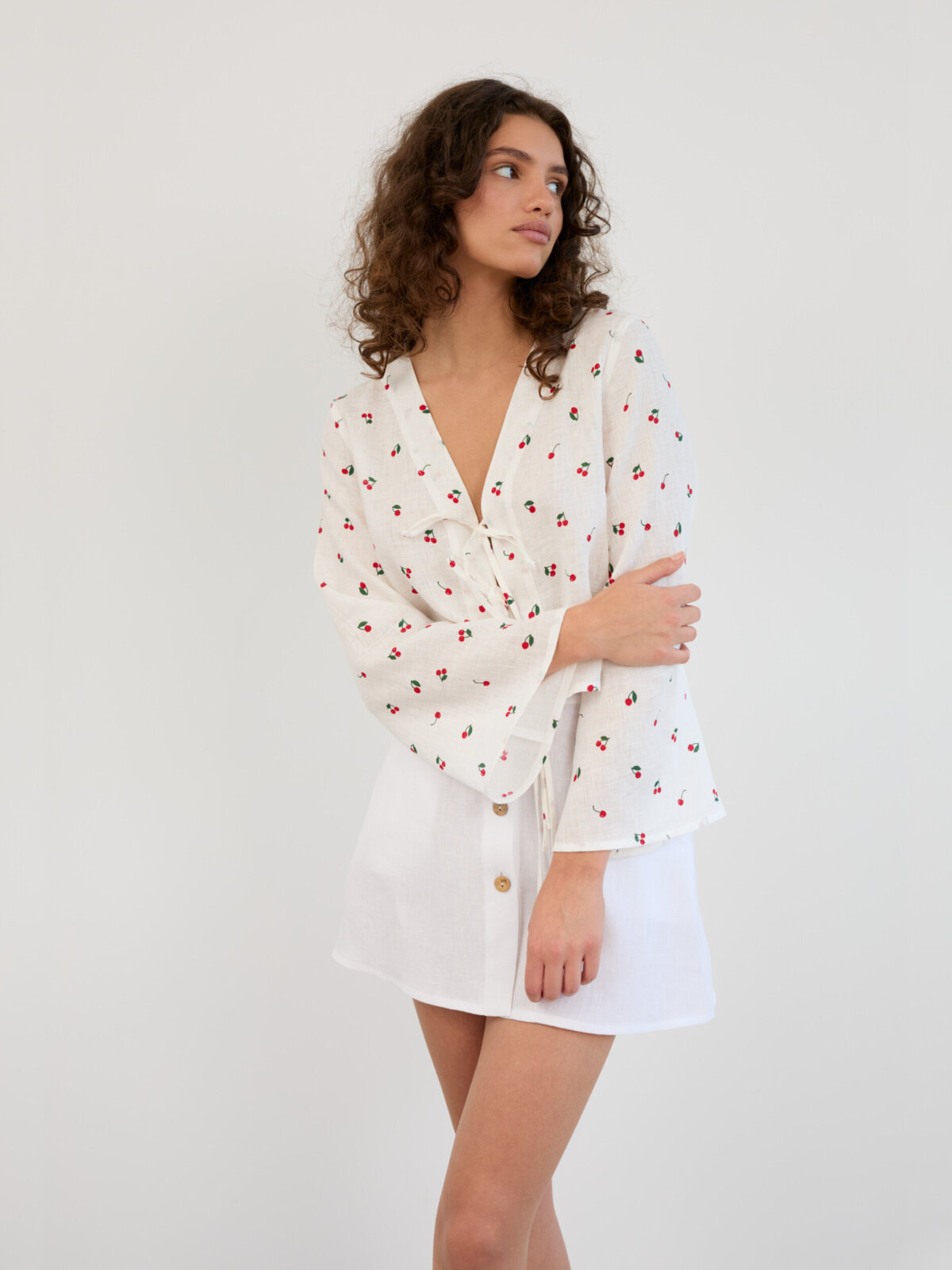 Image 3 of Linen Tie Front Bell Sleeve Crop Top in Cherry Print CASSIDY from Love and Confuse | Handmade Linen Clothing for Women