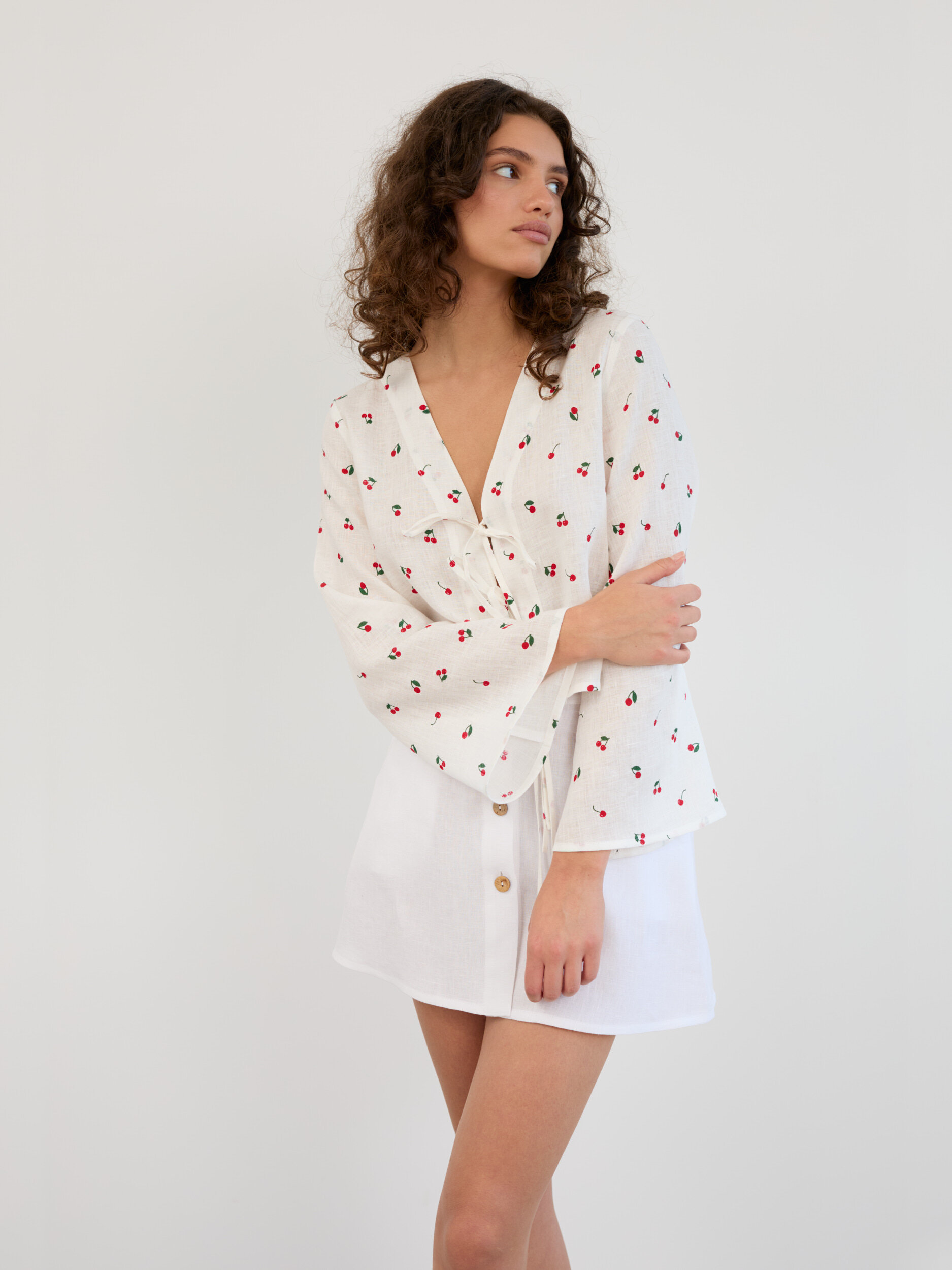 Image 3 of Linen Tie Front Bell Sleeve Crop Top in Cherry Print CASSIDY from Love and Confuse | Handmade Linen Clothing for Women