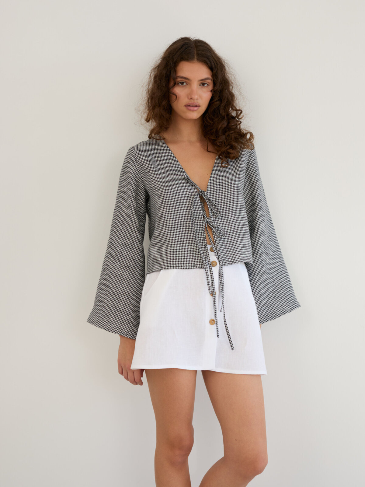 Image 3 of Linen Tie Front Bell Sleeve Crop Top in Houndstooth CASSIDY from Love and Confuse | Handmade Linen Clothing for Women