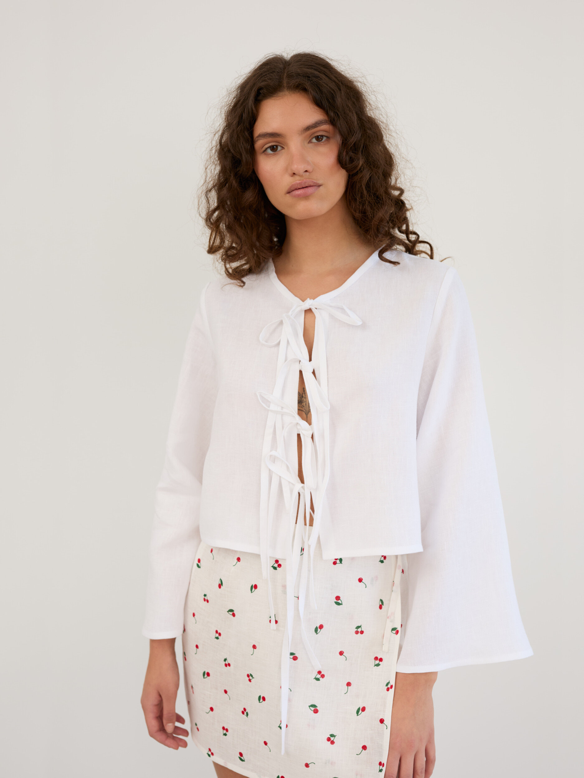 Image 3 of Linen Tie Front Cropped Top in White BLAIRE from Love and Confuse | Handmade Linen Clothing for Women