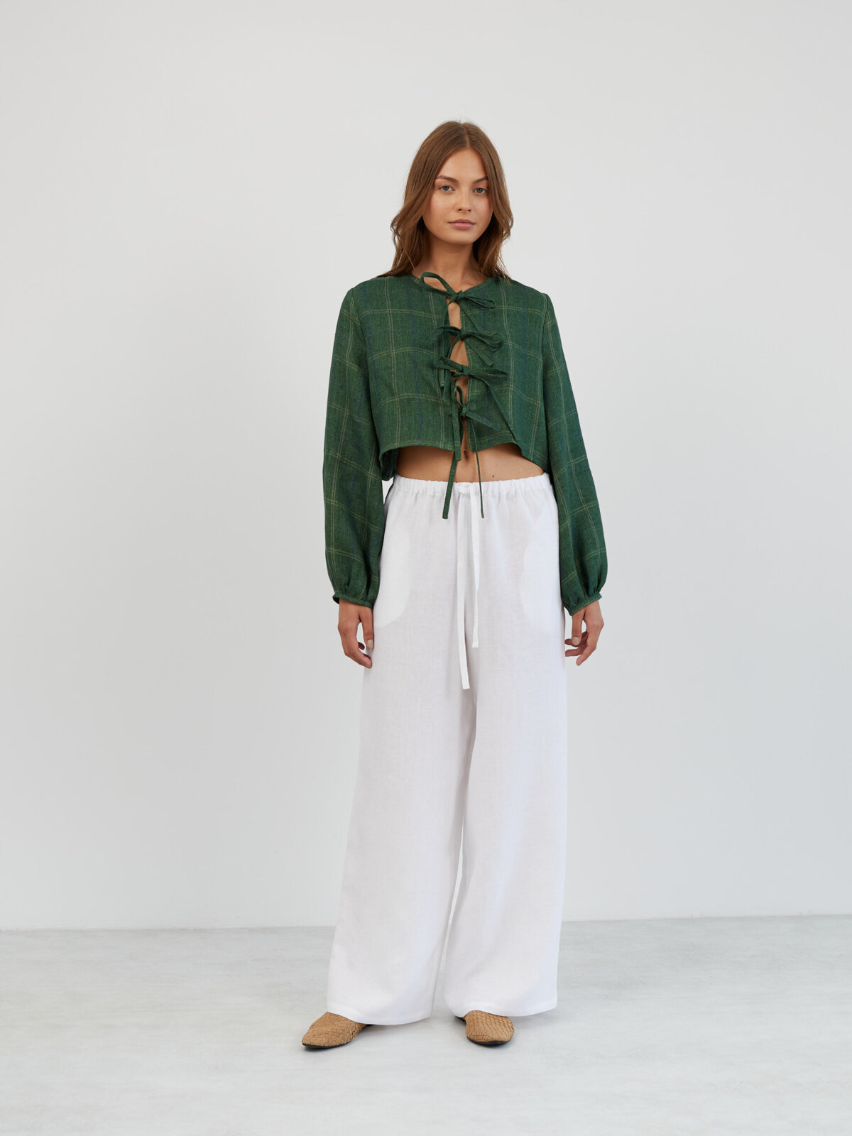 Image 2 of Tie Front Cropped Linen Top in Plaid Green KOA from Love and Confuse | Handmade Linen Clothing for Women