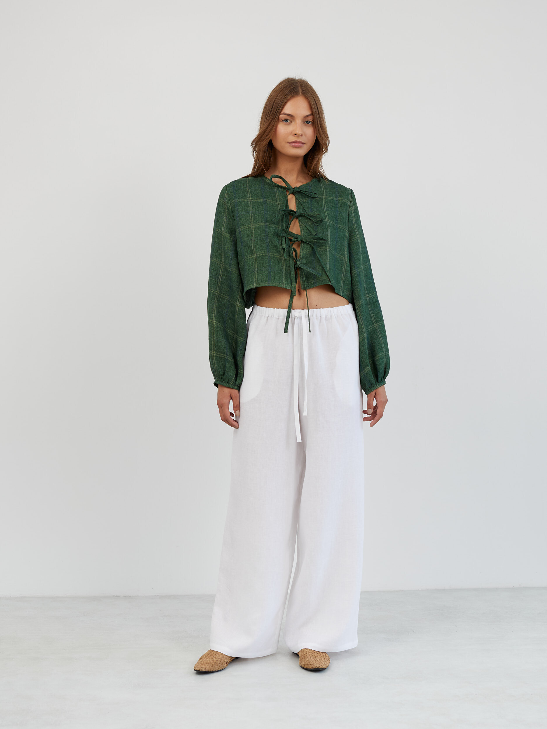 Image 2 of Tie Front Cropped Linen Top in Plaid Green KOA from Love and Confuse | Handmade Linen Clothing for Women