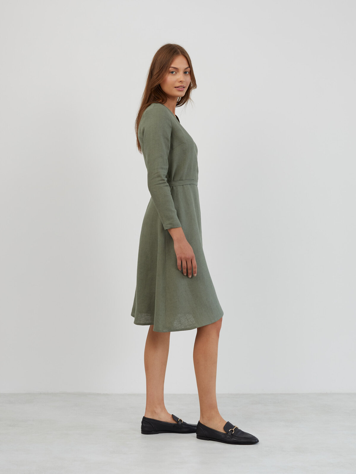 Image 3 of Long Sleeve Linen Wrap Dress in Sage Green CLAUDIA from Love and Confuse | Handmade Linen Clothing for Women