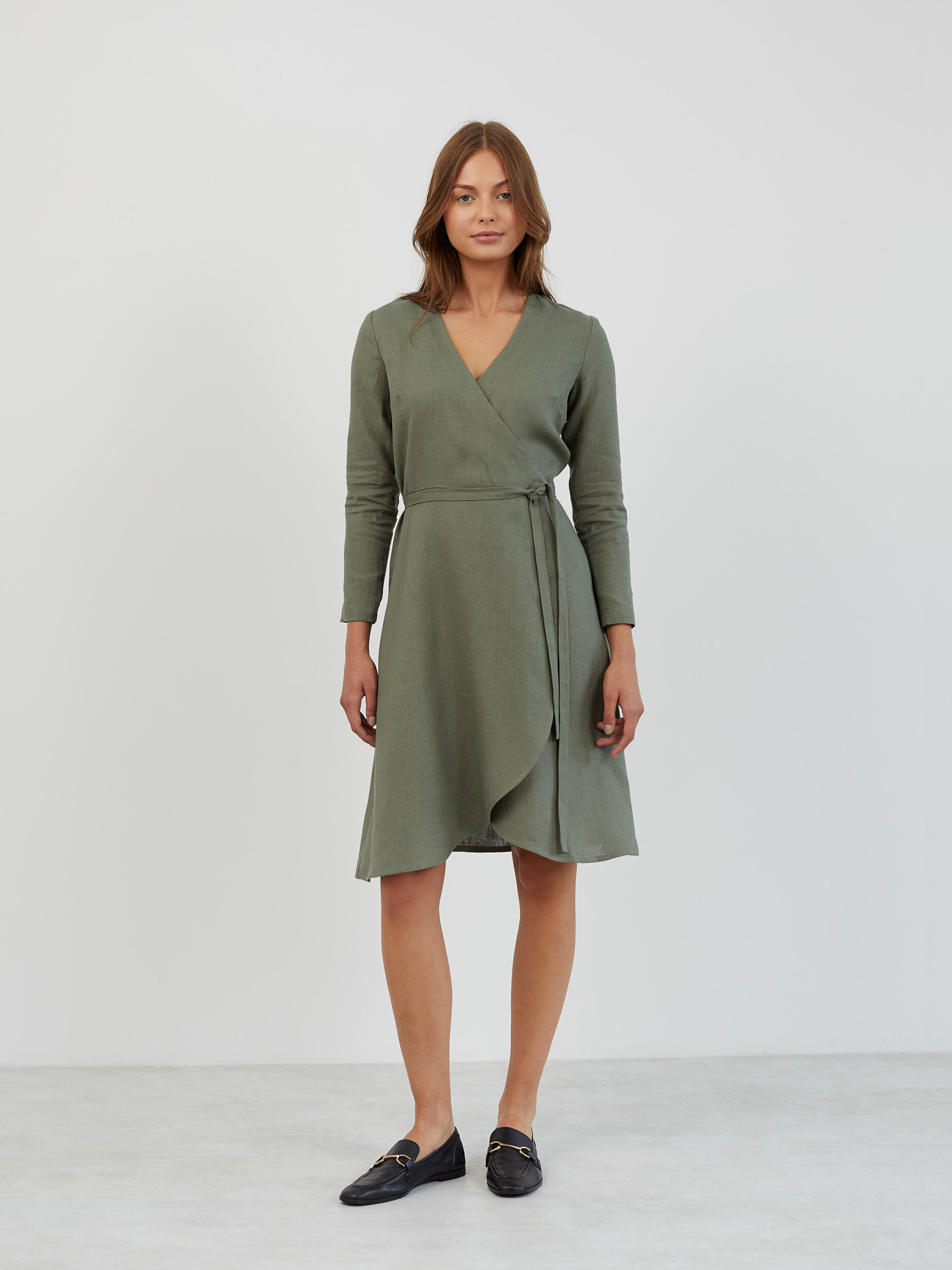 Image 4 of Long Sleeve Linen Wrap Dress in Sage Green CLAUDIA from Love and Confuse | Handmade Linen Clothing for Women