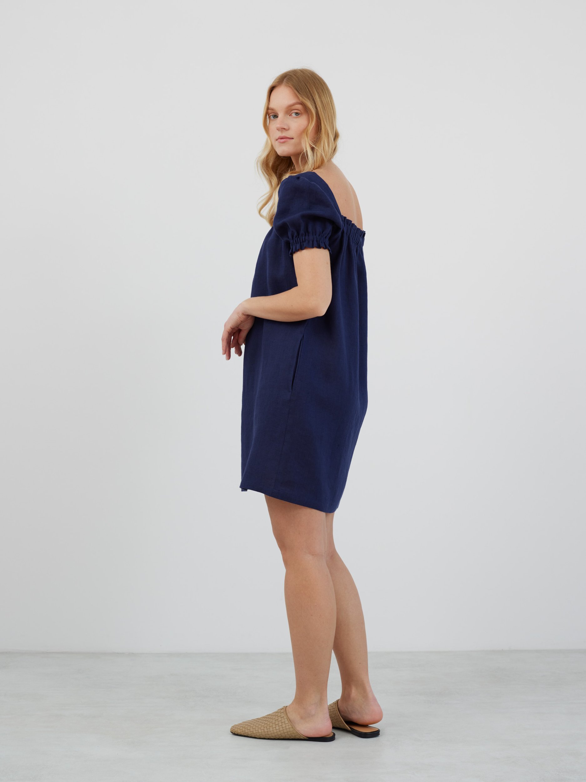 Image 4 of LOTTIE Mini Puff Sleeve Linen Dress in Navy Blue from Love and Confuse