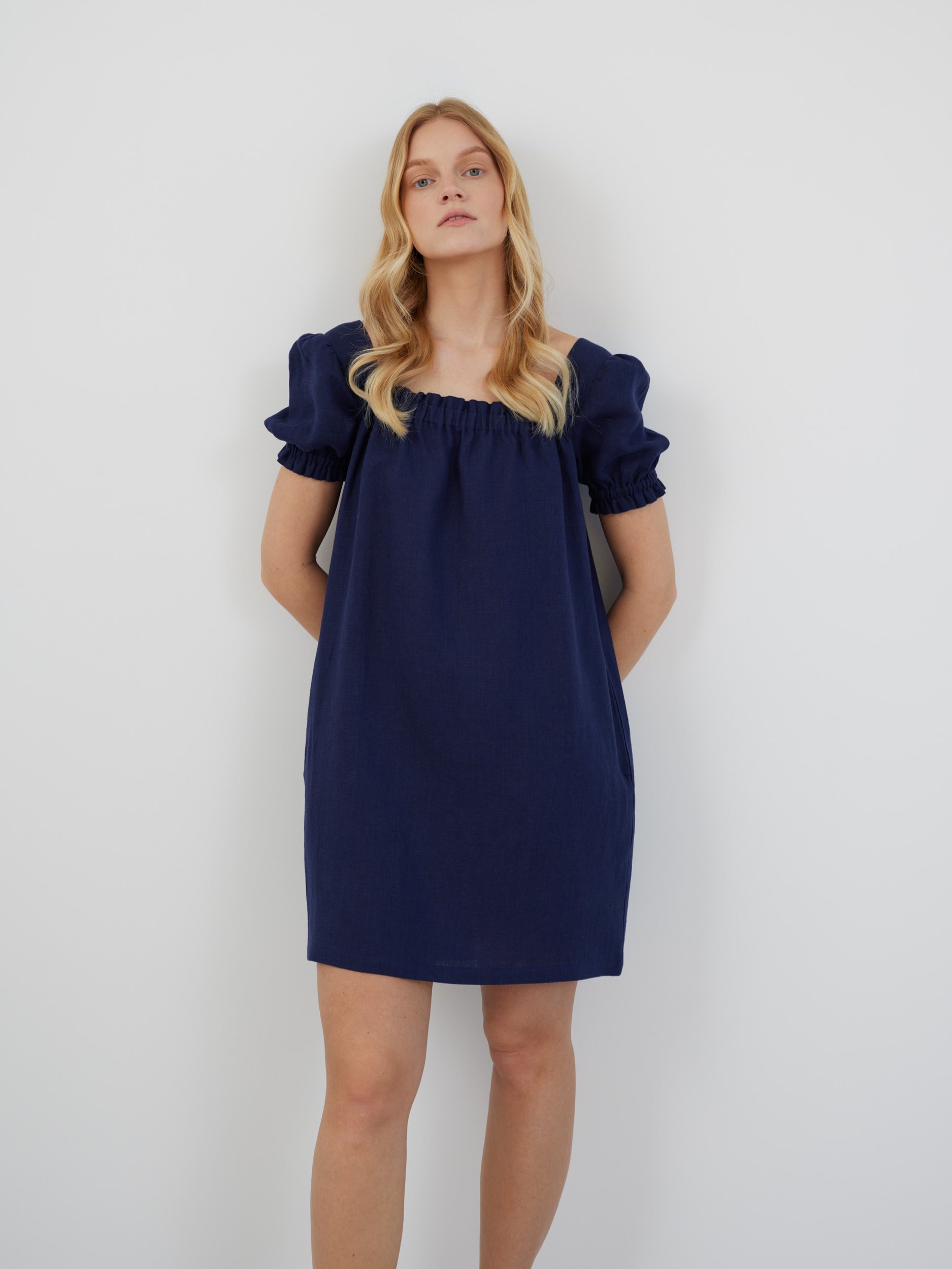 Image 5 of LOTTIE Mini Puff Sleeve Linen Dress in Navy Blue from Love and Confuse