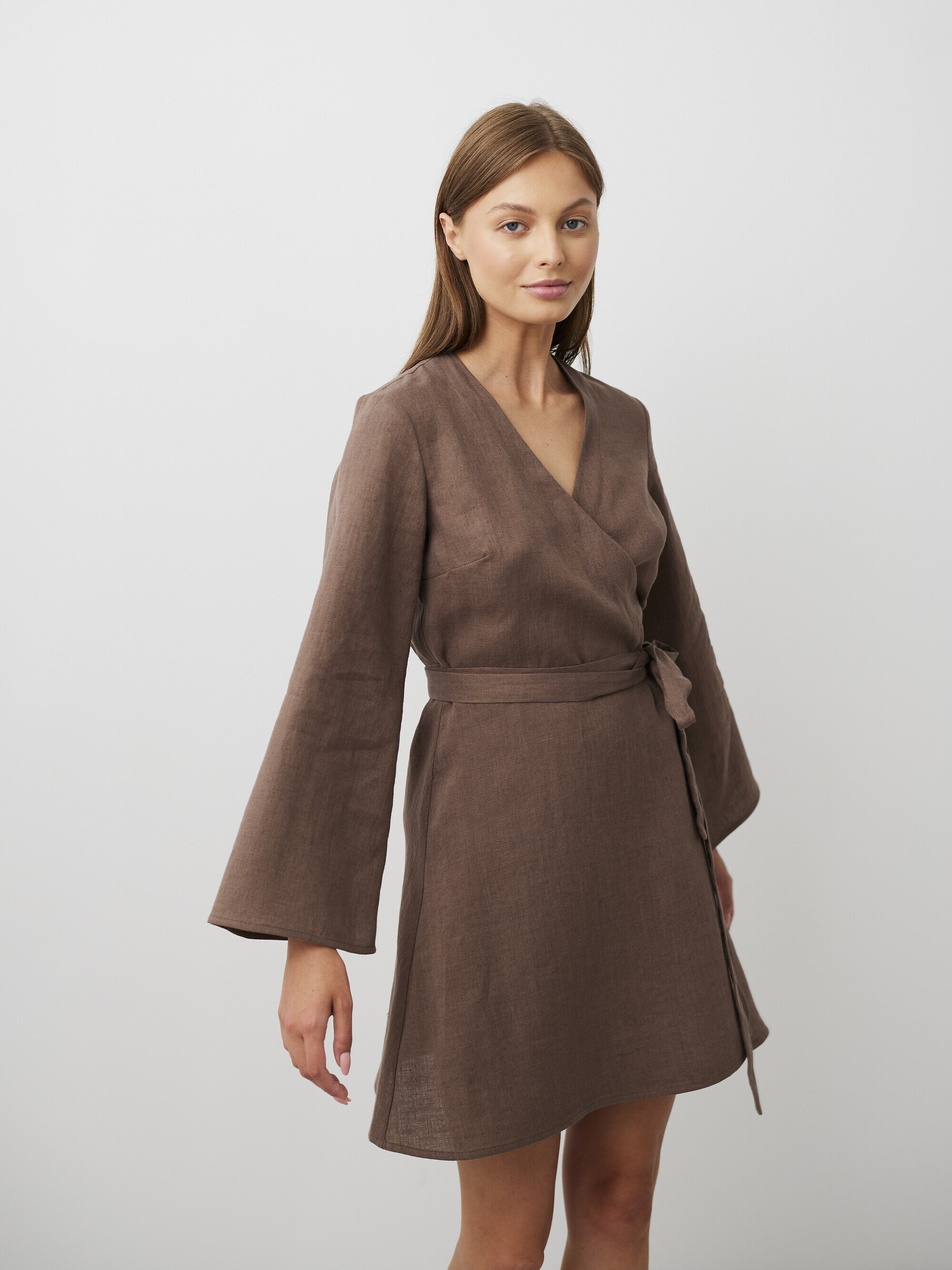 Image 1 of LYDIA Long Sleeve Linen Wrap Dress in Cocoa from Love and Confuse